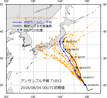 2018年8月4日9時を初期値とした台風第13号の進路の5日予報