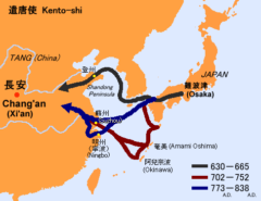 遣唐使の唐への渡航ルート、なお実際はこの図に描かれているように入港することはできずどこの港に入港するかはまさに運任せだった