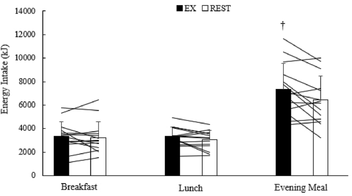 運動なし条件（REST）と朝食前の運動条件（EX）における前日の朝食（Breakfast）、昼食（Lunch）および夕食（Evening Meal）のエネルギー摂取量