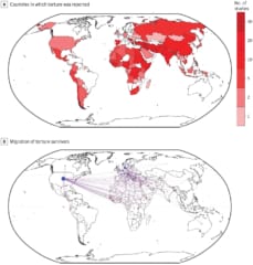 拷問の地理的分布（※報告された国の分布は、研究者が調査できた地域に限定されるため完全なものではありません）