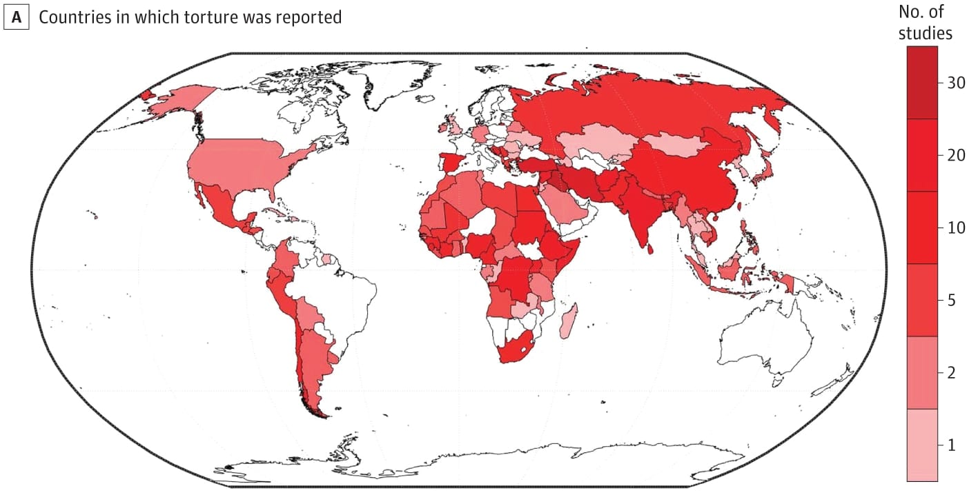 拷問の地理的分布（※報告された国の分布は、研究者が調査できた地域に限定されるため完全なものではありません）