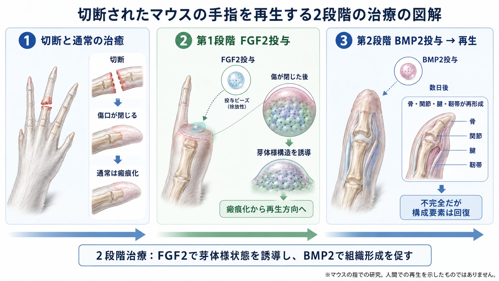 哺乳類に眠る「手足の再生能力」を呼び覚ます実験ーーマウスの切断指の再生を確認の画像 2/2