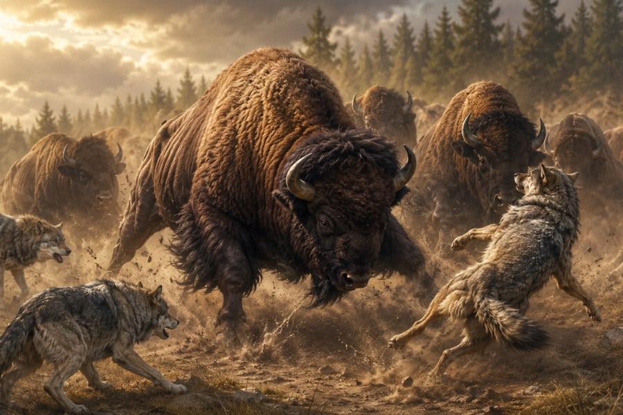 オオカミの群れが「森の王・バイソンの子」を襲撃ーー怒れる成獣らが返り討ちに