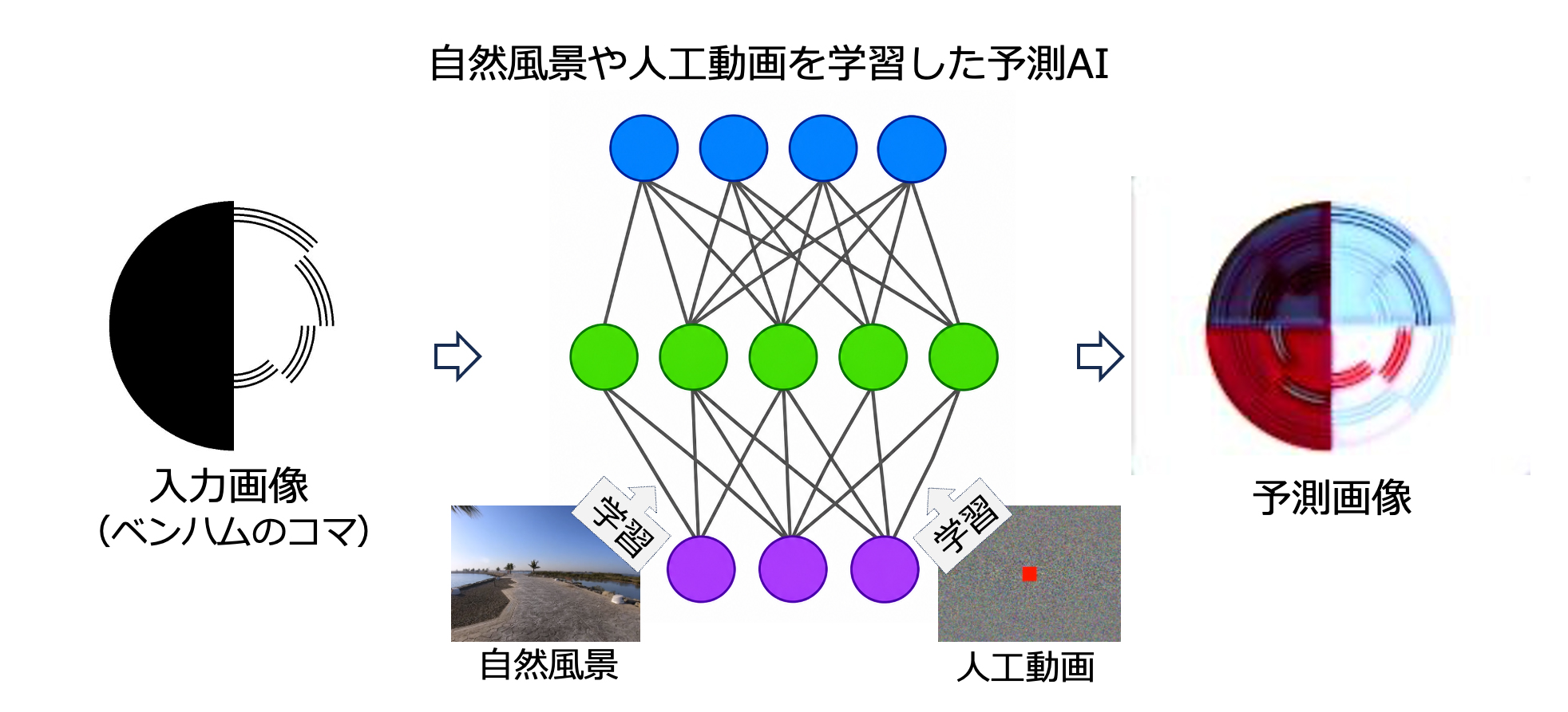 白黒のベンハムのコマから、予測するAIが色を生み出すイメージ