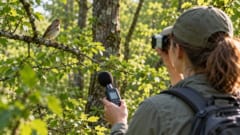 ゴルフの道具を手に、123種の鳥の声を測る