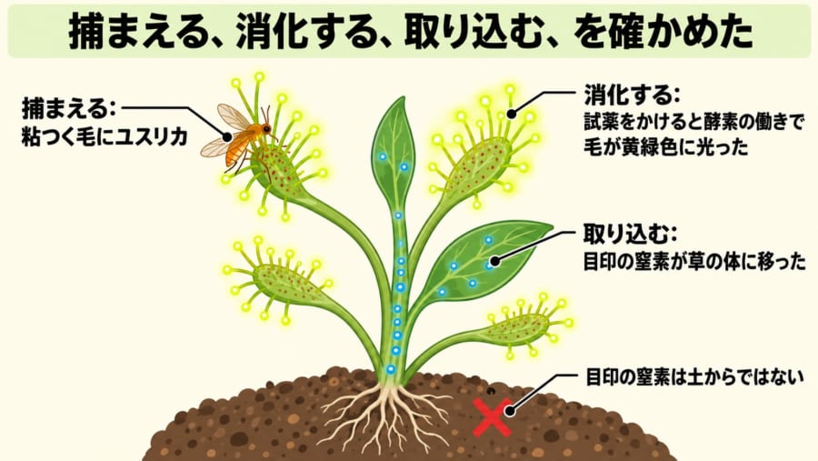 捕まえる、消化する、取り込む、を確かめた