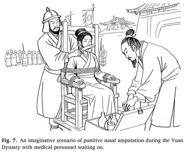 墓でただ一人うつ伏せ、そして「つけ鼻」の痕
