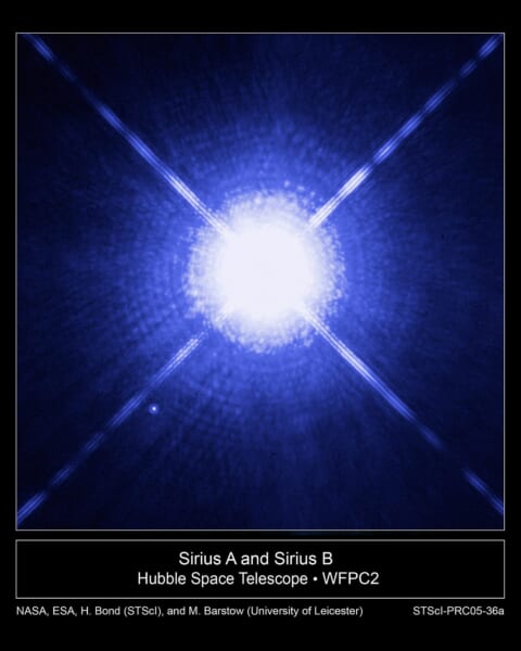 ハッブル宇宙望遠鏡が写した、夜空でいちばん明るい星シリウスAと、そのそばにある小さくかすかな連れの星シリウスBです。シリウスBは、代表的な白色矮星です。
