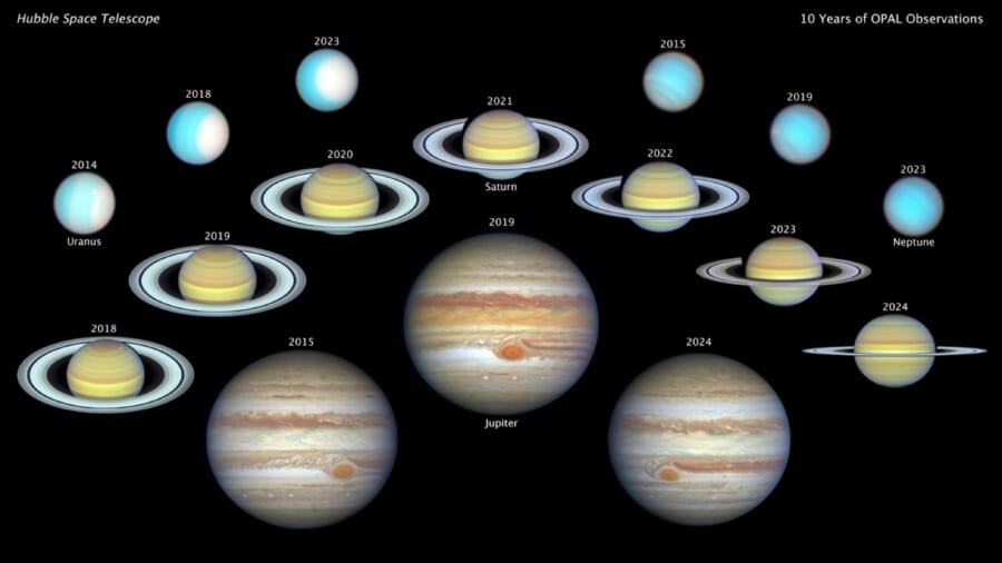 ハッブル宇宙望遠鏡が10年にわたってとらえてきた、太陽系の外側にある4つの巨大な惑星(木星・土星・天王星・海王星)を並べた画像です。