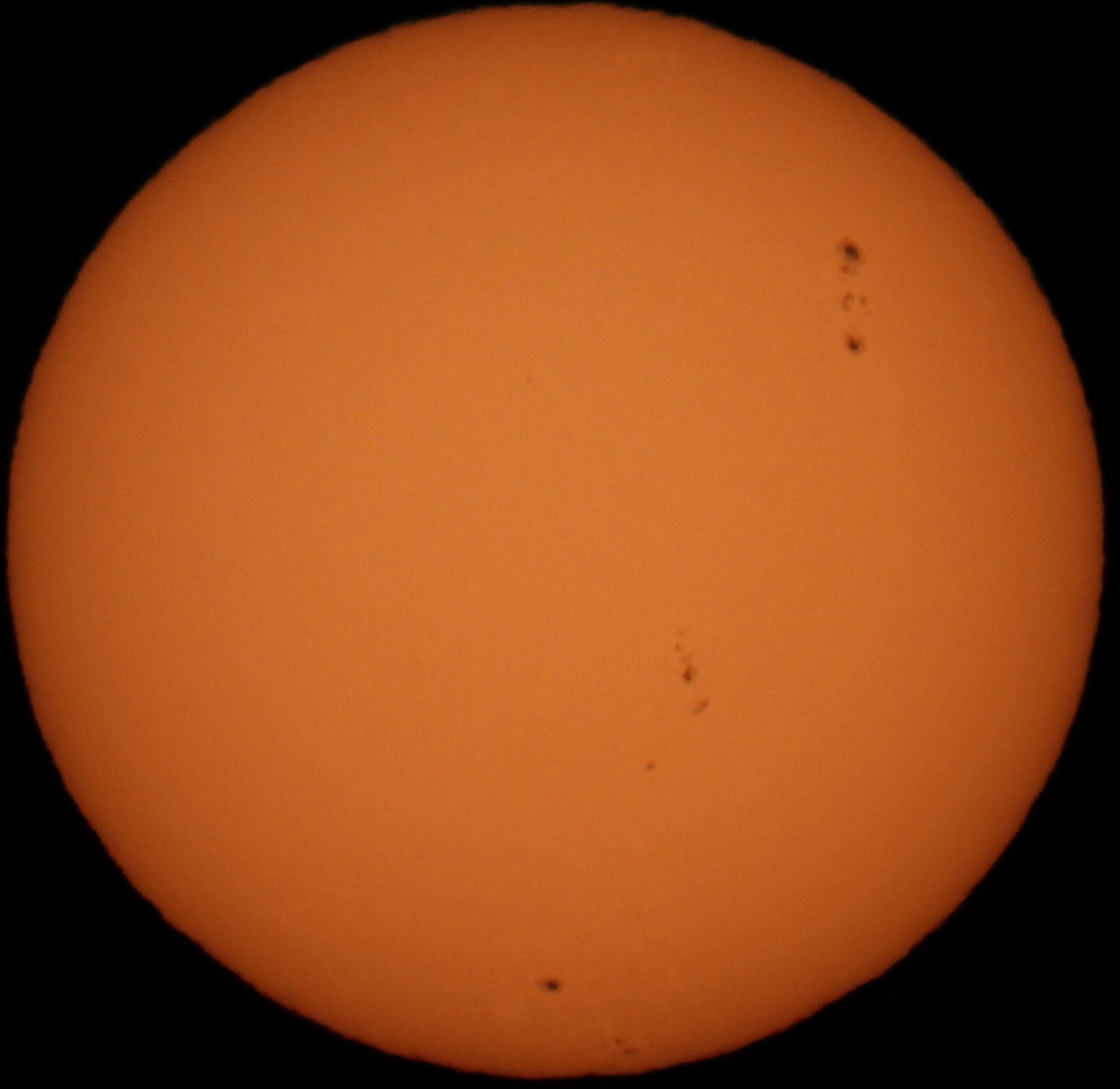 太陽の写真です。表面に、黒点と呼ばれる暗い点がいくつか見えます。