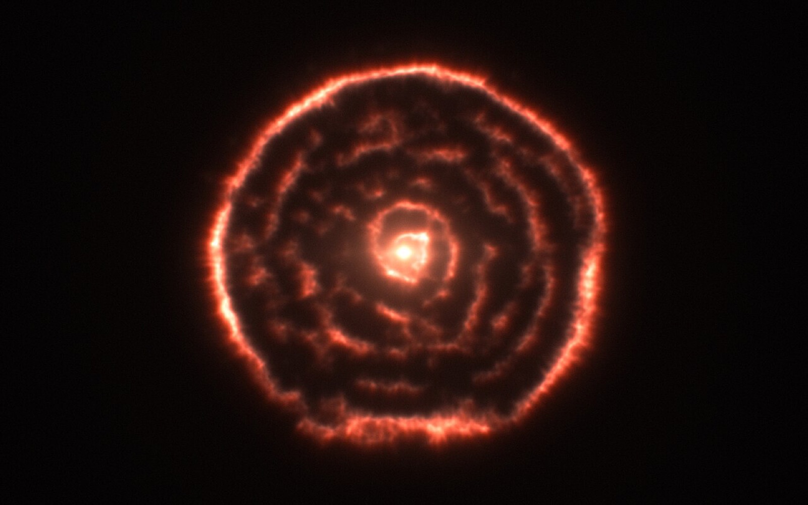 赤色巨星のちょうこくしつ座R星のまわりにアルマ望遠鏡の観測で見つかった渦巻きの構造を、観測データから描いた画像です。この渦巻きは、予想されていなかったものでした。