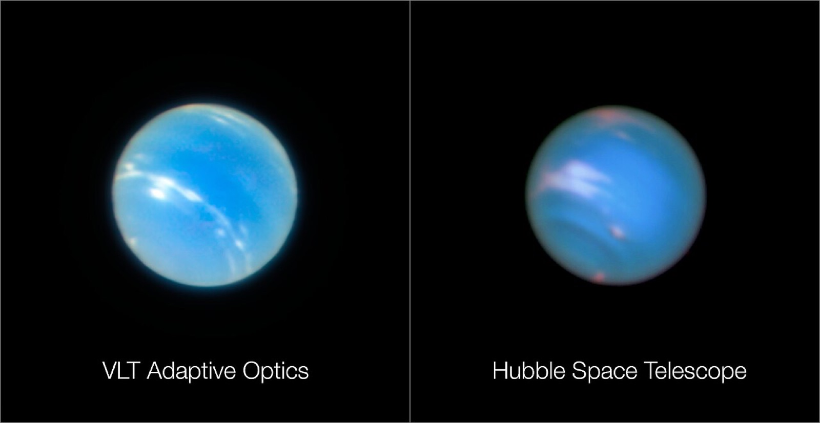 ヨーロッパ南天天文台の大型望遠鏡VLTと、ハッブル宇宙望遠鏡による海王星の画像です。左の画像は、VLTの観測装置「MUSE」の観測モードを試験しているときに得られました。