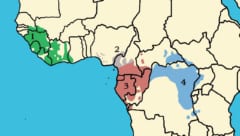 アフリカの地図に、チンパンジーの4つの亜種の分布を色分けした図