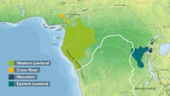 アフリカ中部の地図。西側に黄緑とオレンジ、東側に紺と青緑の色がぬられ、そのあいだを白い線の川が流れる
