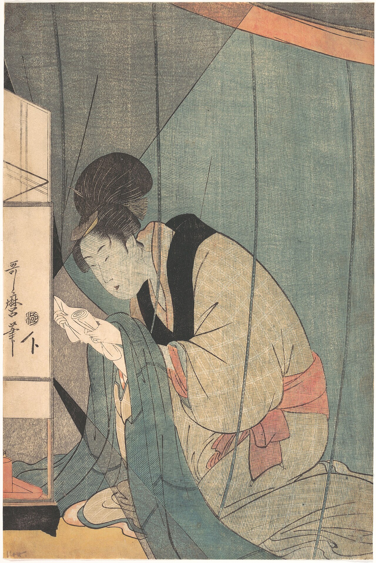緑色の網の蚊帳の中で、着物の女性が手紙を読んでいる浮世絵
