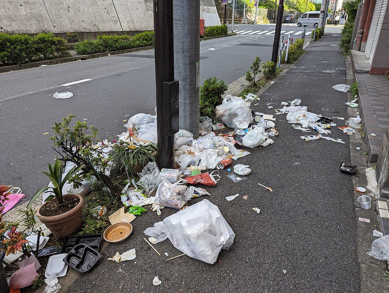 歩道に散らばった、カラスに破られたゴミ袋の中身