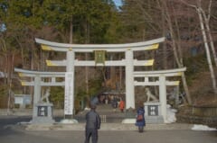 3つの鳥居がつながった形の白い鳥居と、その左右の台座にすわるオオカミの像