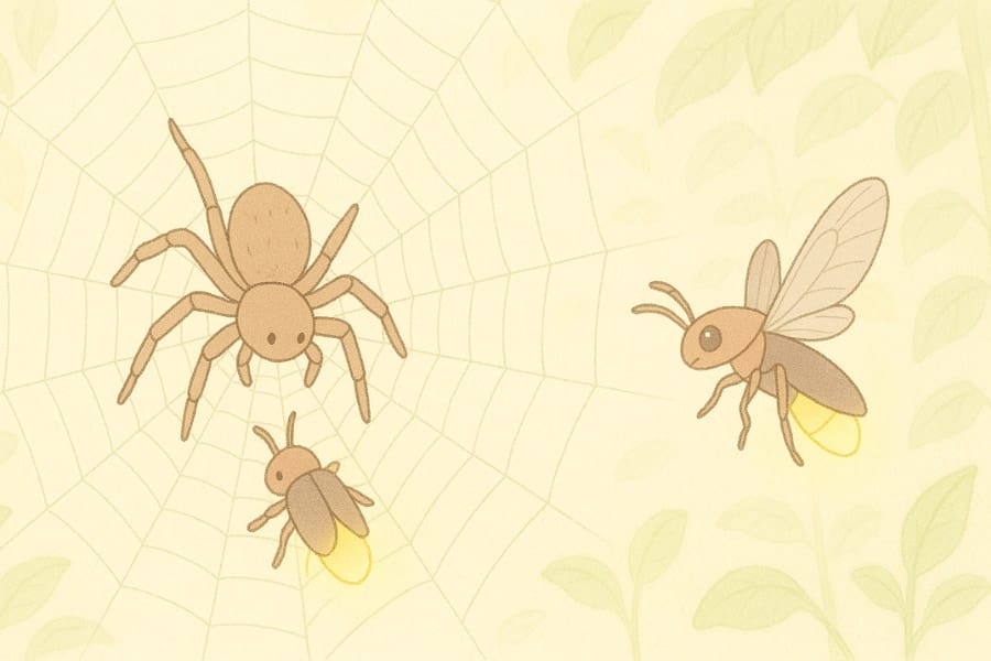 巣にかかった「ホタルの光」でさらなる獲物を誘き寄せるクモを発見！