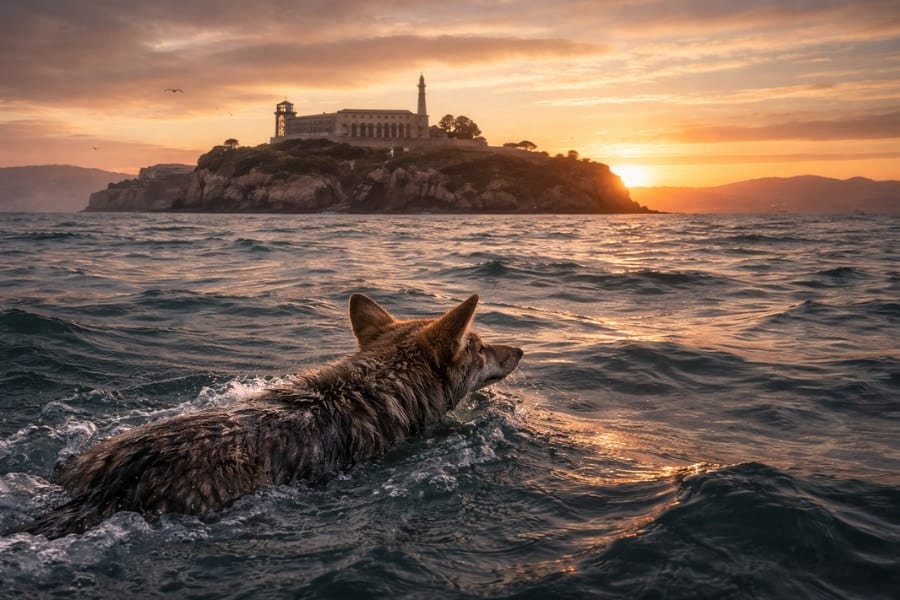 【前代未聞】コヨーテが海を渡ってアルカトラズ島に到達